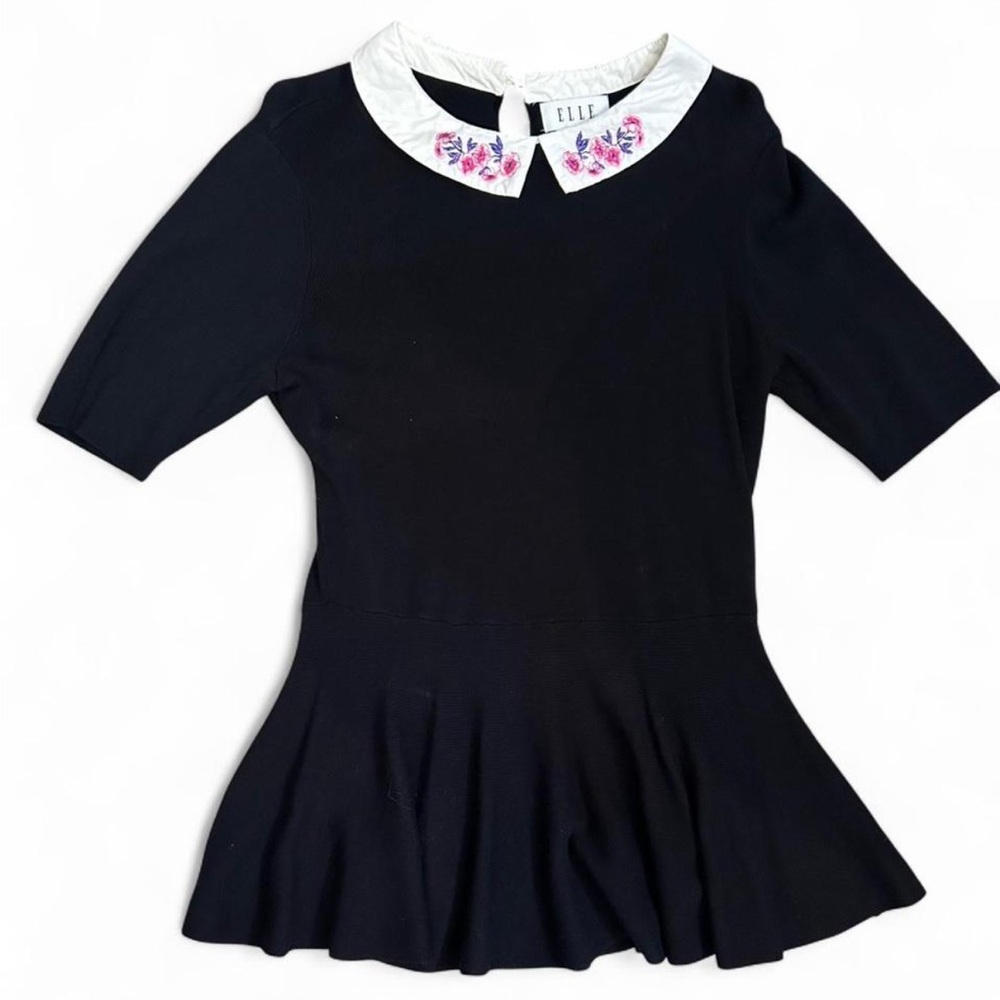 Elle Black Sweater Top with Embroidered Floral Collar